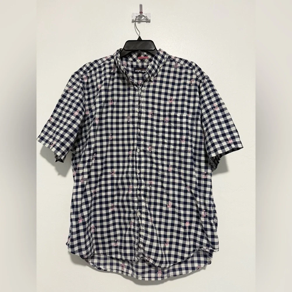 Reyn Spooner Pink Palm Trees Navy Shepherd Check Button Down XXL -Cotton-